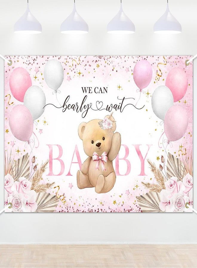 خلفية حفل استقبال مولودة جديدة من Lecheme Pink Bear، مقاس 6 × 3.6 قدم، لافتة "لا نكاد ننتظر" لتزيين حفل استقبال مولودة جديدة، ودعائم كشك التصوير. - Image 1